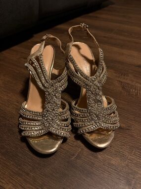 ANTONIO MELANI Gold Crystal Embellished Strappy Heels